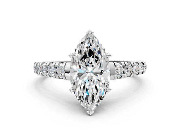 White gold 5 Carat Marquise Cut Diamond Cathedral Solitaire Ring with Round  Pavé Band