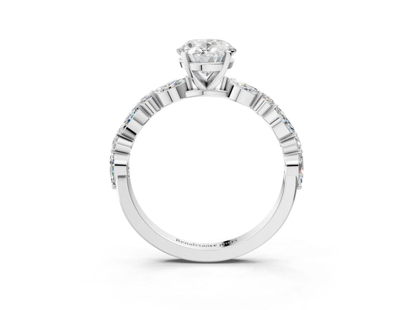 5 Carat Oval Cut White gold Diamond Ring with Marquise and Round Side Stones and Four-Prong Setting