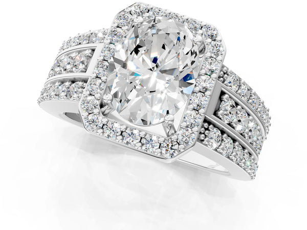 5 Carat Oval Cut White gold Halo Diamond Ring with Round  Split Shank and Prong Setting