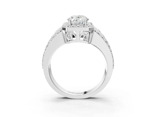 5 Carat Oval Cut White gold Halo Diamond Ring with Round  Split Shank and Prong Setting