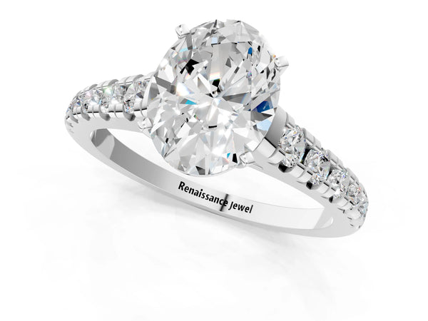 White gold 5 Carat Oval Cut Diamond Cathedral Solitaire Ring with Round  Pavé Band