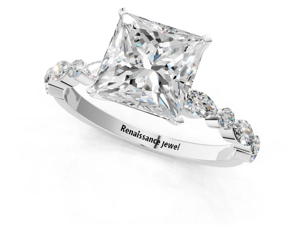 5 Carat Princess Cut White gold Diamond Ring with Marquise and Round Side Stones and Four-Prong Setting