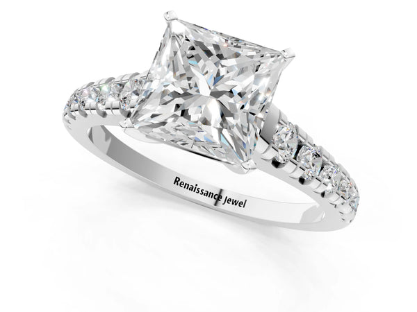 White gold 5 Carat Princess Cut Diamond Cathedral Solitaire Ring with Round  Pavé Band