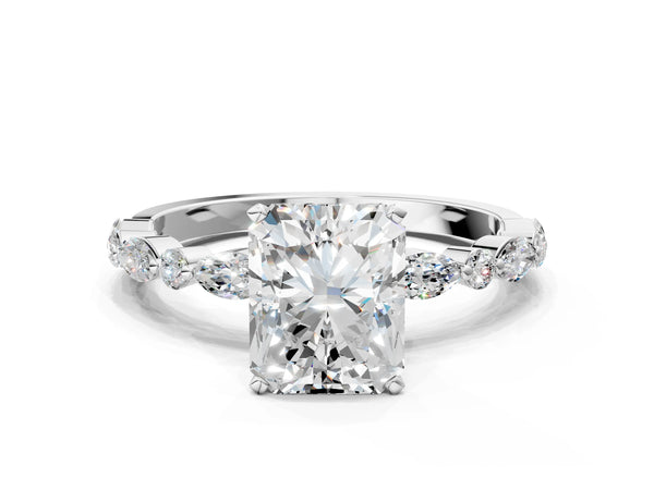 5 Carat Radiant Cut White gold Diamond Ring with Marquise and Round Side Stones and Four-Prong Setting