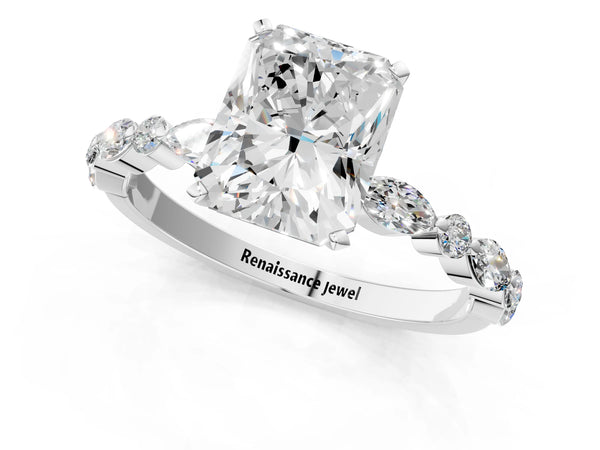 5 Carat Radiant Cut White gold Diamond Ring with Marquise and Round Side Stones and Four-Prong Setting