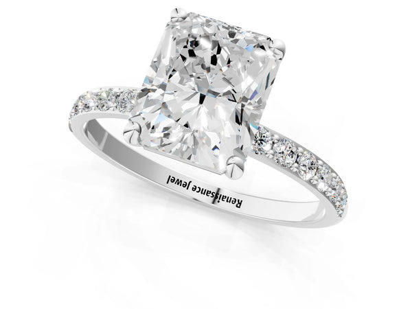 5 Carat Radiant Cut White gold Diamond Solitaire Ring with Round  Pavé Band and Prong Setting