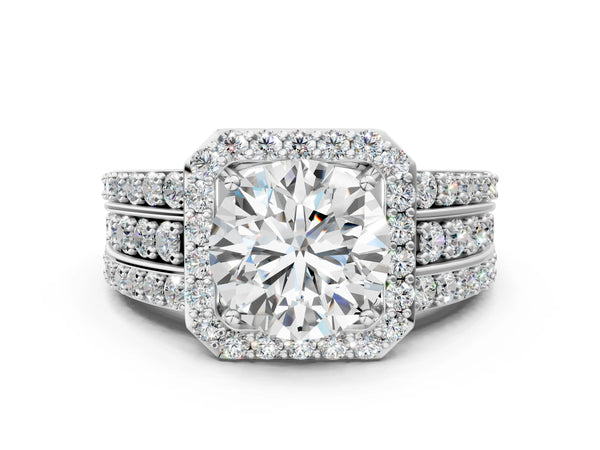 White gold 5 Carat Round Cut Halo Diamond Ring with Round  Split Shank and Prong Setting