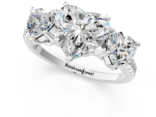 White gold 5 Carat Three-Stone Heart Cut Diamond Ring with Round  Pavé Band and Prong Setting