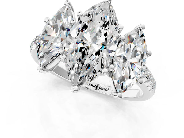 White gold 5 Carat Three-Stone Marquise Cut Diamond Ring with Round  Pavé Band and Prong Setting