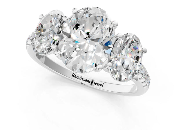 White gold 5 Carat Three-Stone Oval Cut Diamond Ring with Round  Pavé Band and Prong Setting