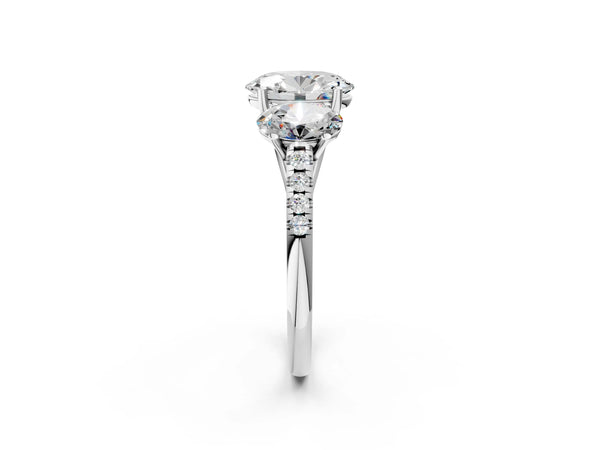 White gold 5 Carat Three-Stone Oval Cut Diamond Ring with Round  Pavé Band and Prong Setting