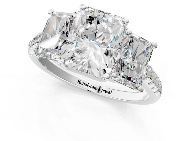 White gold 5 Carat Three-Stone Radiant Cut Diamond Ring with Round  Pavé Band and Prong Setting