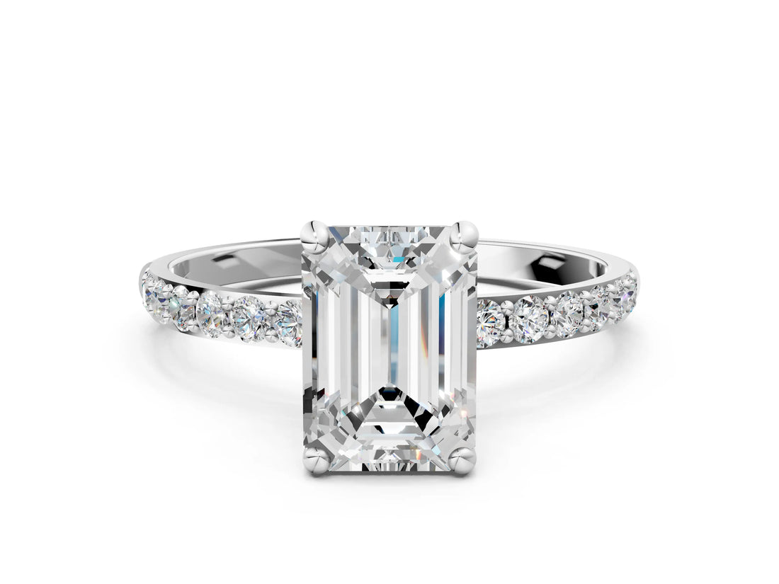 White gold 6 Carat Emerald Cut  Solitaire Ring with Pave Band and Four Prong Setting