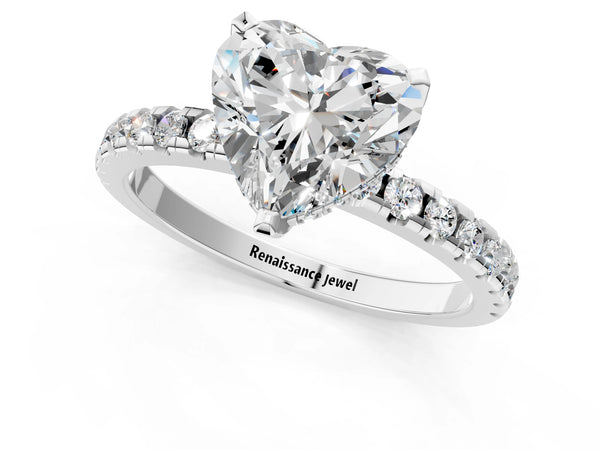 7 Carat Heart Cut White gold Diamond Solitaire Ring with Round  Pavé Band and Four-Prong Setting