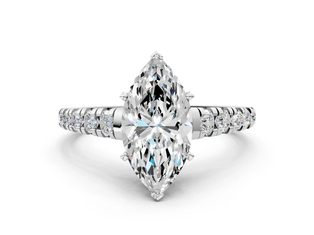 White gold 7 Carat Marquise Cut  Solitaire Ring with Cathedral Setting and Pavé Band