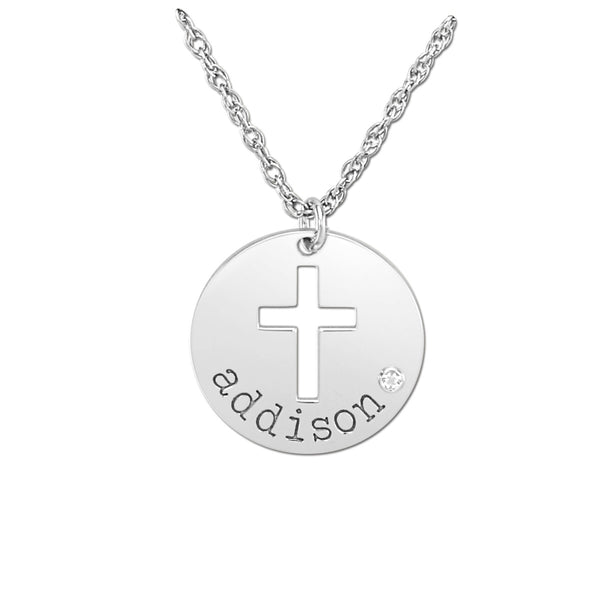 Silver Addison Round Pendant with Cross Cutout and Round Diamond Bezel Setting