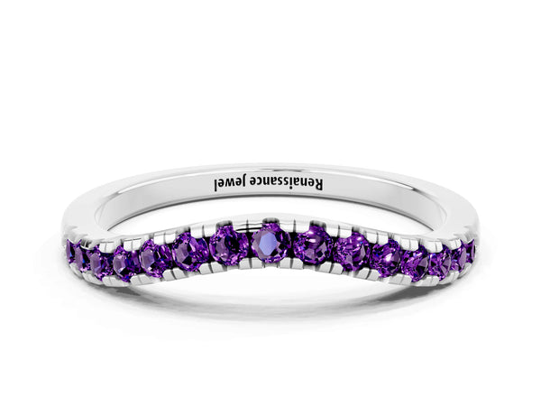 Platinum Round Amethyst Pave Contour Wedding Band with Shared Prongs