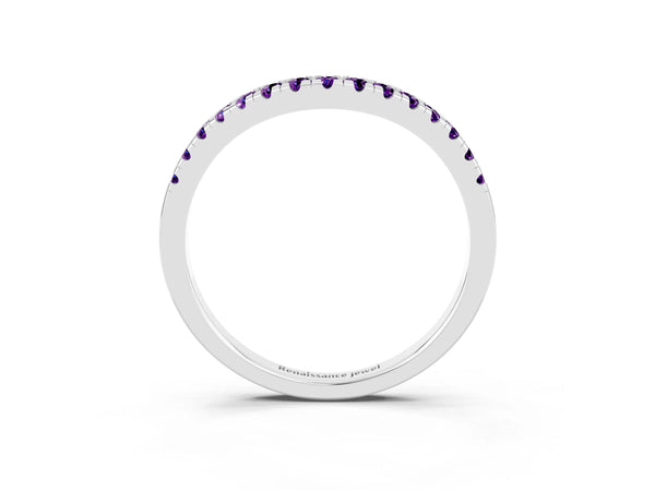 Platinum Round Amethyst Pave Contour Wedding Band with Shared Prongs