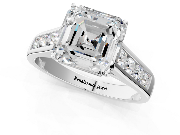 White gold Asscher Brilliant Channel-Set Solitaire Ring with Four-Prong Setting