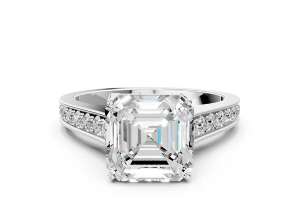 White gold Asscher Brilliant Cut Diamond Engagement Ring with Pavé Band and Four-Prong Setting