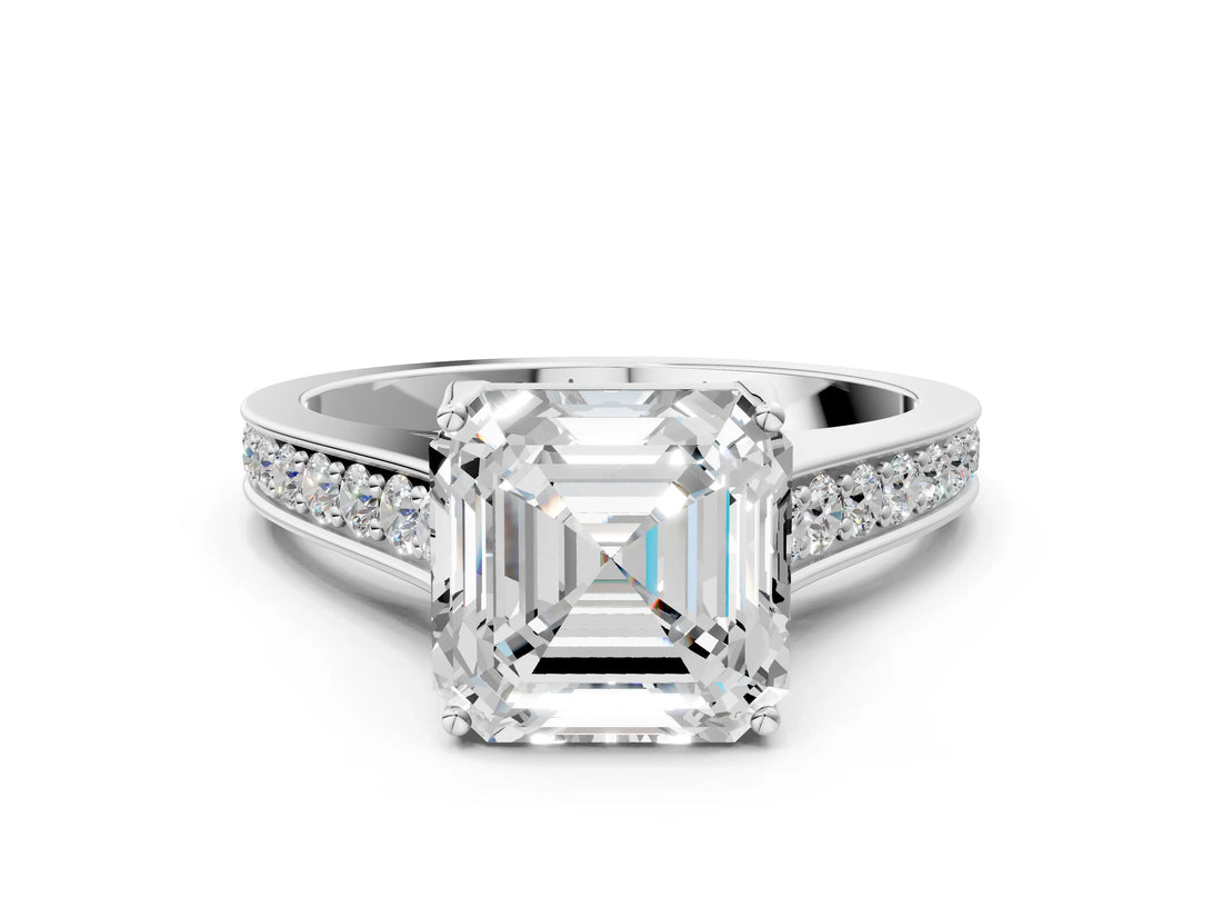 White gold Asscher Brilliant Cut Diamond Engagement Ring with Pavé Band and Four-Prong Setting_69