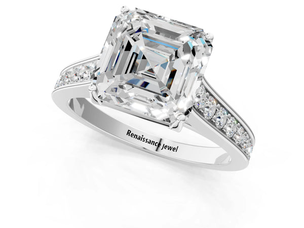 White gold Asscher Brilliant Cut Diamond Engagement Ring with Pavé Band and Four-Prong Setting