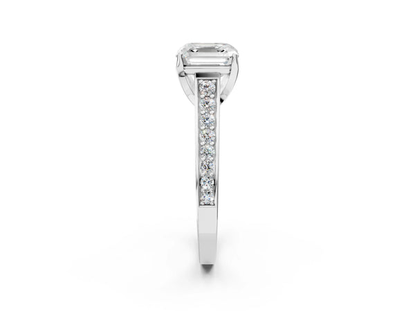 White gold Asscher Brilliant Cut Diamond Engagement Ring with Pavé Band and Four-Prong Setting