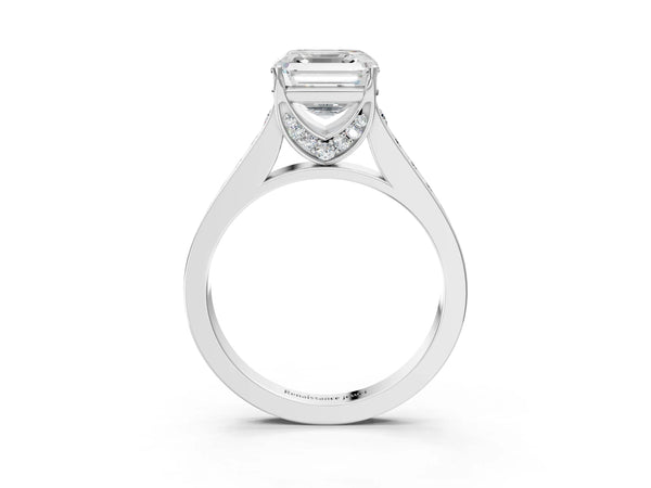 White gold Asscher Brilliant Cut Diamond Engagement Ring with Pavé Band and Four-Prong Setting