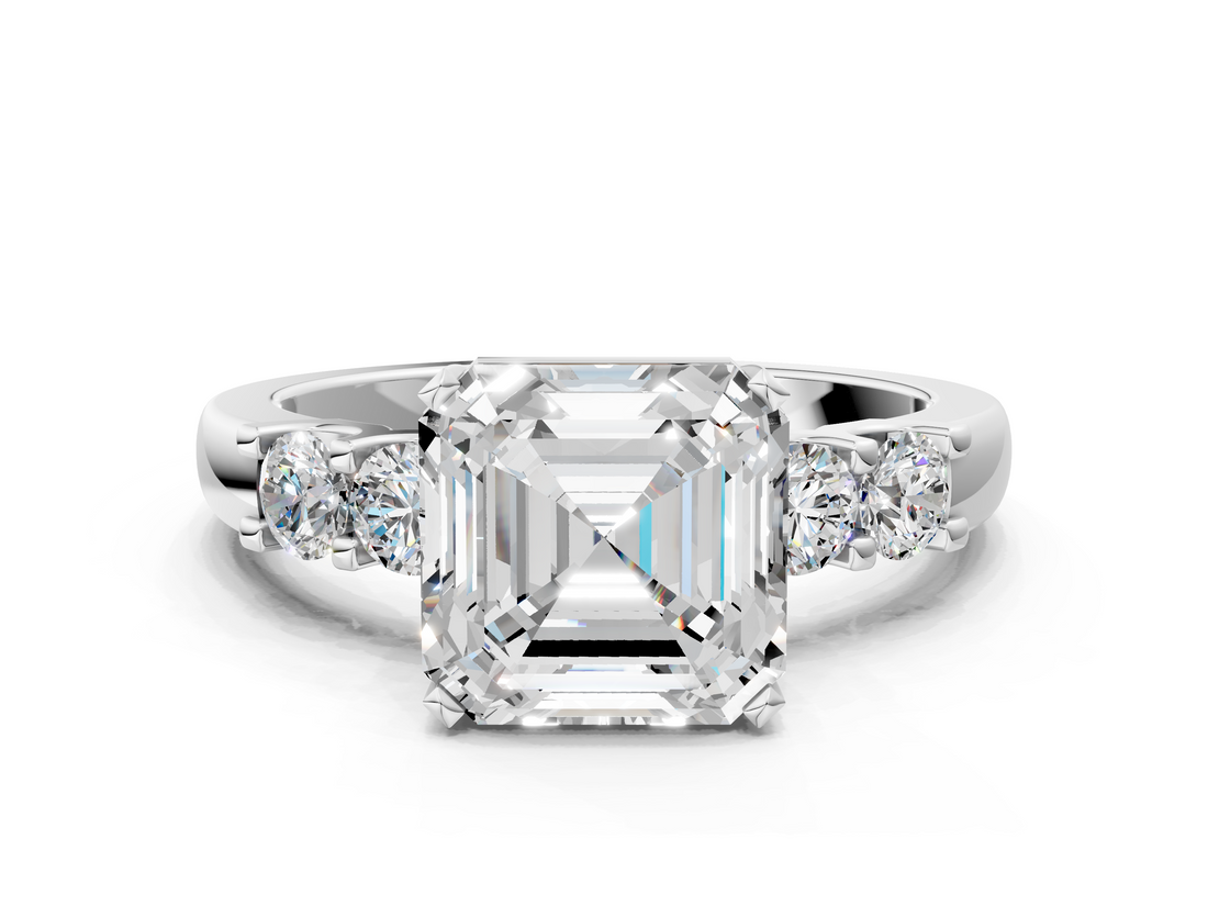 White gold Asscher Brilliant Cut Diamond Five-Stone Prong Set Engagement Ring with Channel Band_23
