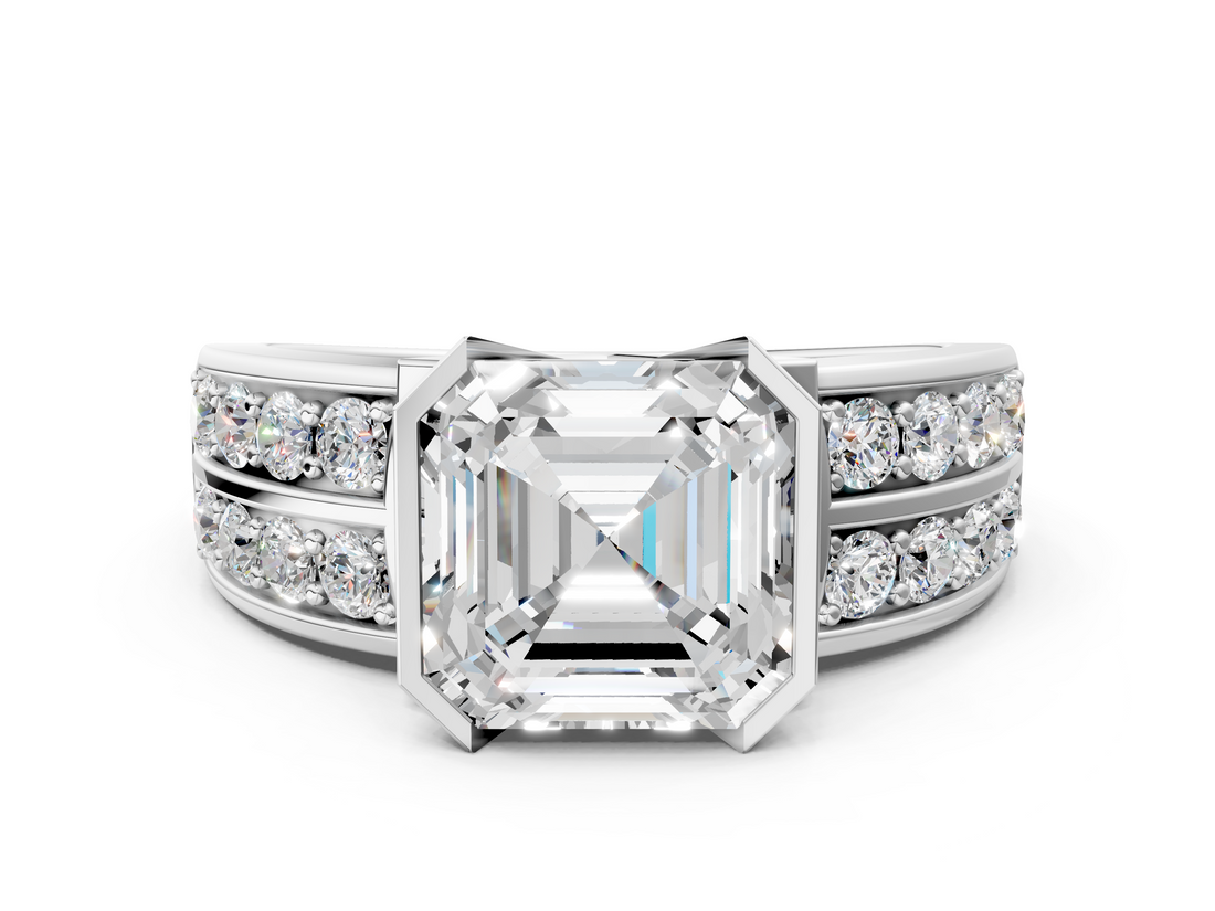 White gold Asscher Brilliant Diamond Channel Set Wide Band Ring with Bezel Setting_6