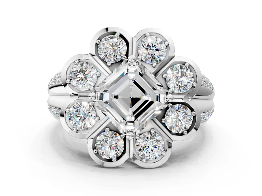 White gold Asscher Brilliant Flower Halo Diamond Split Shank Ring_100