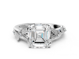 White gold Asscher Brilliant Solitaire with Leaf Motif Band and Four-Prong Setting_4