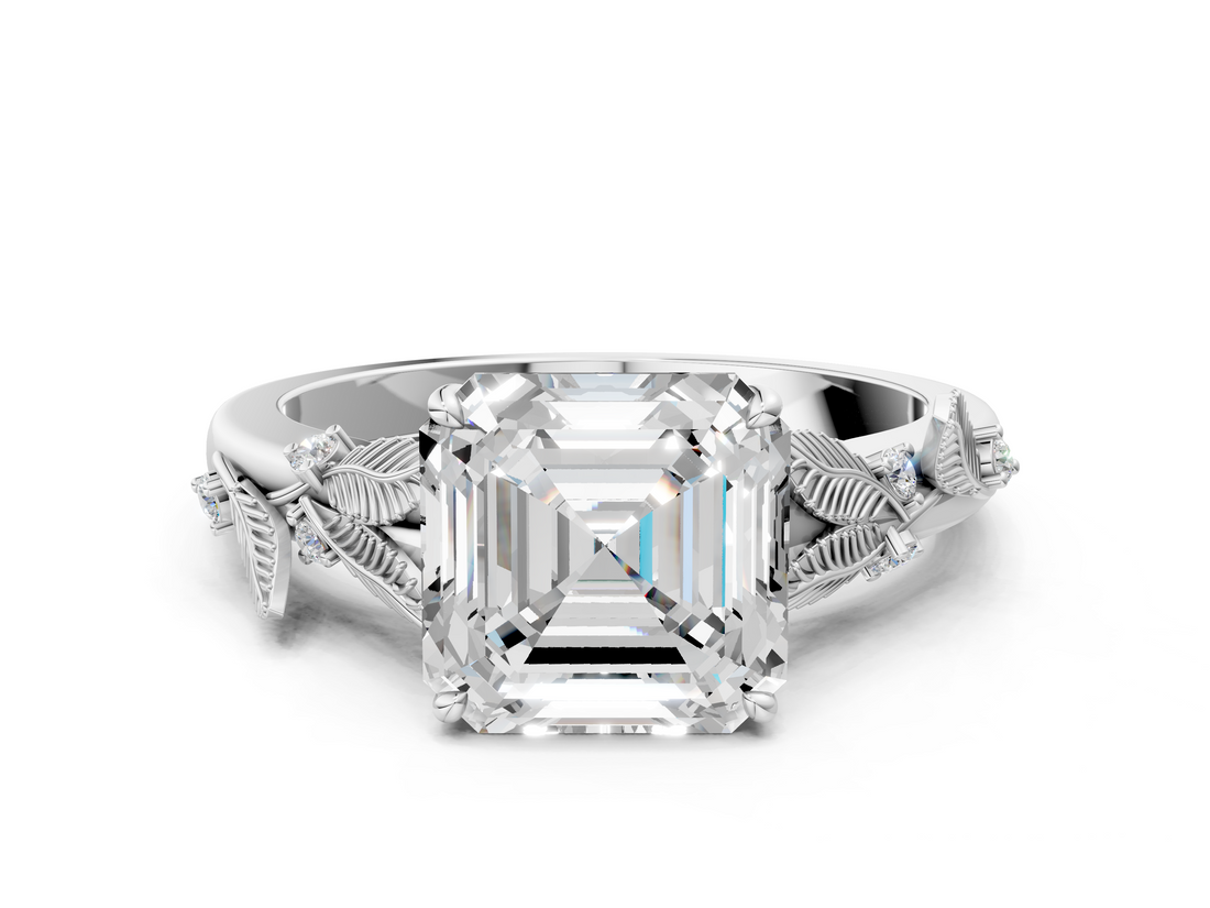 White gold Asscher Brilliant Solitaire with Leaf Motif Band and Four-Prong Setting_4