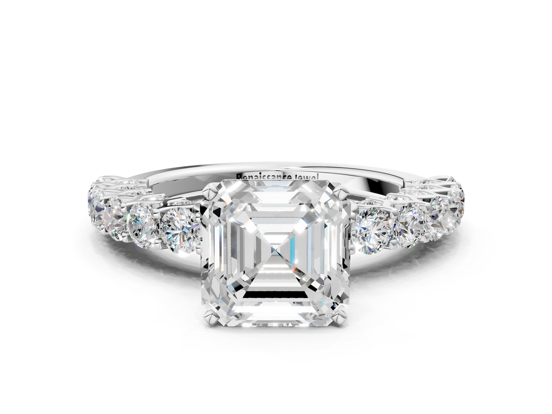 White gold Asscher Brilliant Solitaire with Pavé Band and Four-Prong Setting_4