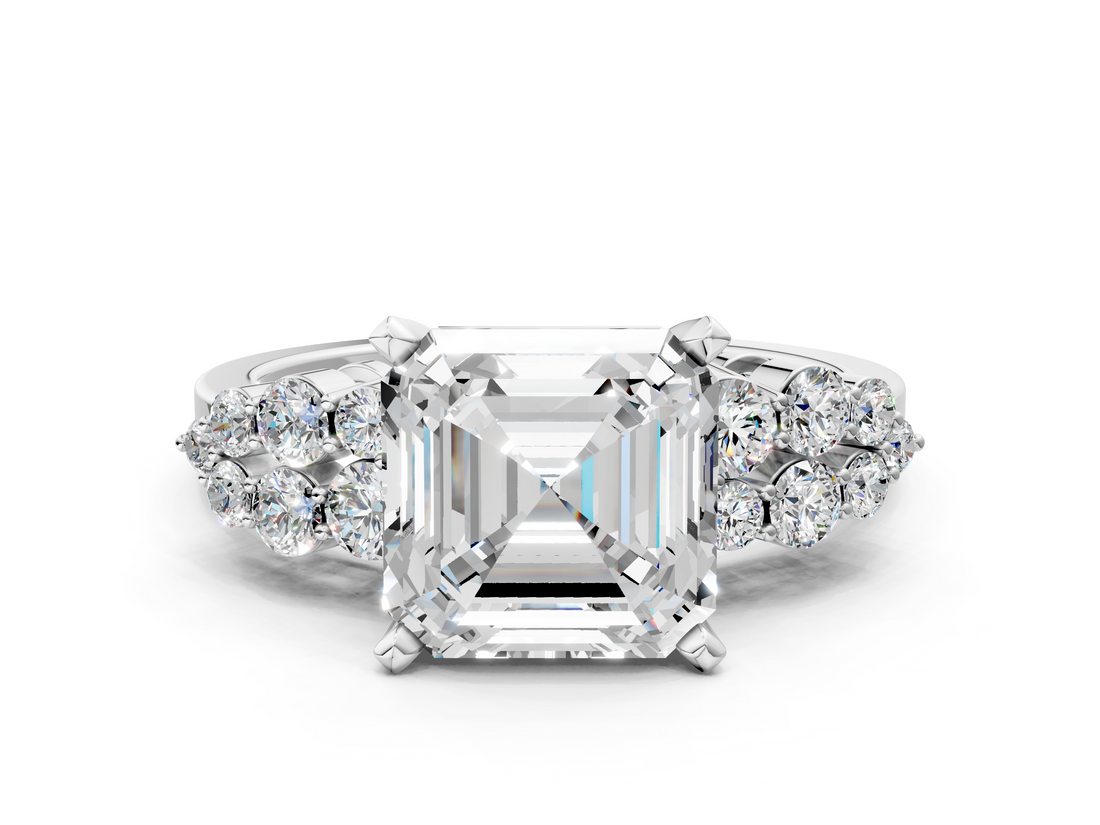 White gold Asscher Cluster Diamond Engagement Ring with Pavé Band and Four-Prong Setting_24