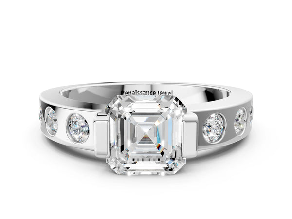 White gold Round Brilliant Channel-Set Diamond Ring with Bezel Prong Setting