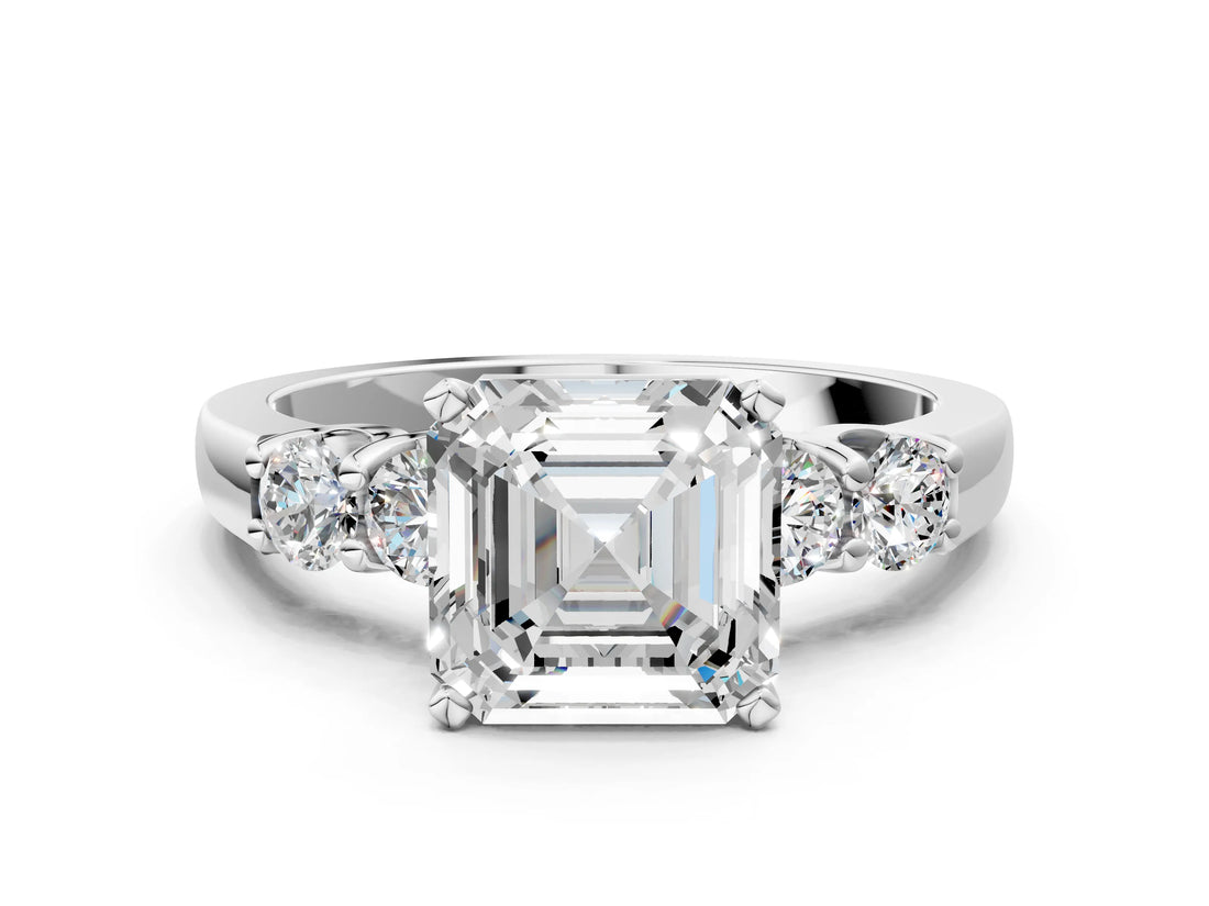 White gold Asscher Cut Brilliant Diamond Five-Stone Engagement Ring with Prong Setting on a Classic Band_7