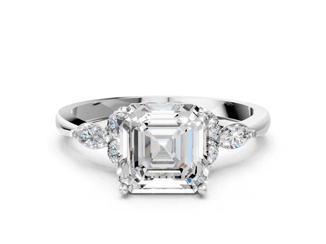 White gold Asscher Cut Brilliant Diamond Solitaire Ring with Pear Side Stones and Four-Prong Setting_12