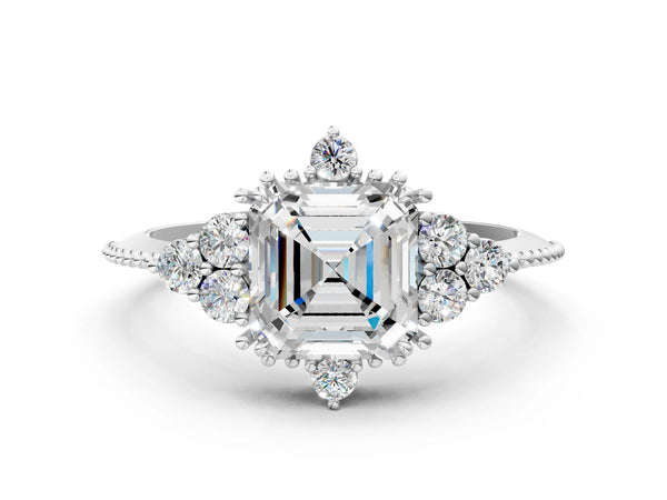 White gold Round Brilliant Diamond with Cluster Setting on a Beaded Band and Four-Prong Setting