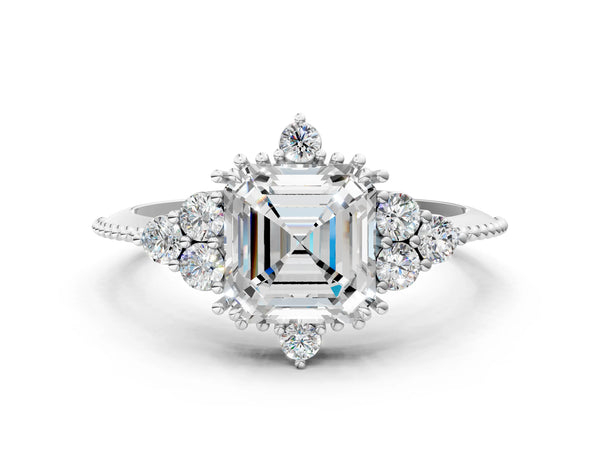White gold Round Brilliant Diamond with Cluster Setting on a Beaded Band and Four-Prong Setting