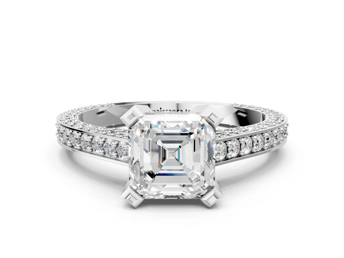 White gold Asscher Cut Brilliant Split Shank Pave Solitaire Ring with Four-Prong Setting_7