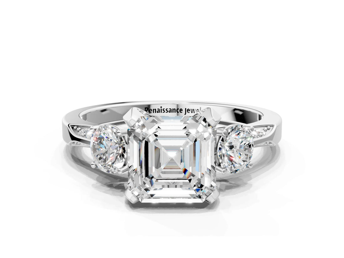 White gold Asscher Cut Brilliant Three-Stone Diamond Ring with Pavé Band and Four-Prong Setting_7