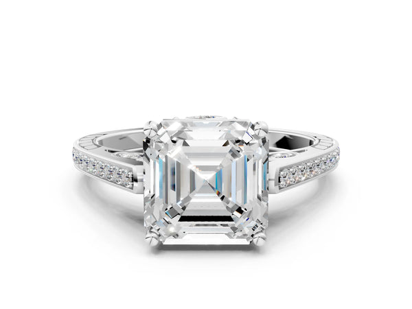 Platinum Asscher Cut Vintage Cathedral Engagement Ring Setting with Pave Shoulders and Petal Gallery
