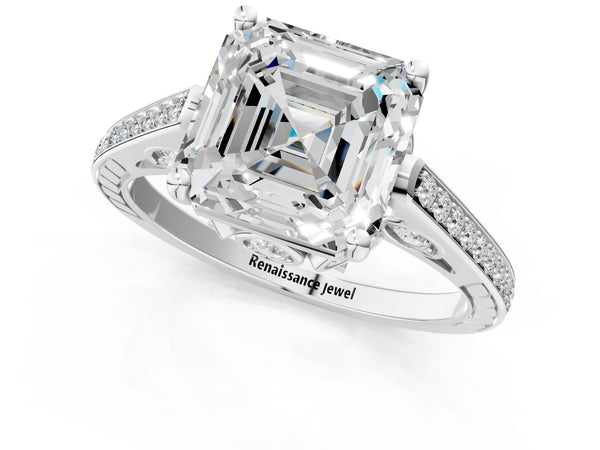 Platinum Asscher Cut Vintage Cathedral Engagement Ring Setting with Pave Shoulders and Petal Gallery