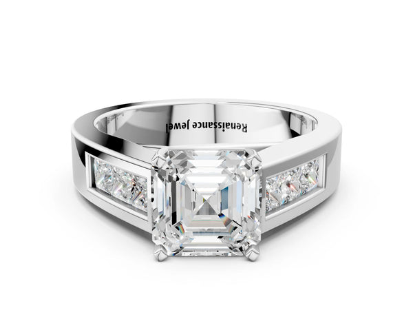 White gold Princess Cut Channel Set Solitaire Ring with Four-Prong Setting