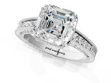 White gold Asscher Cut Cut Diamond Milgrain Pave Band Four-Prong Setting Ring_8