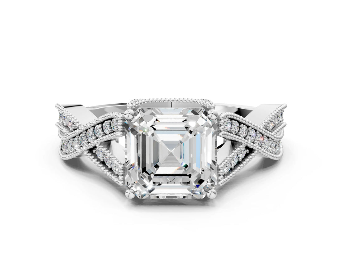 White gold Asscher Cut Cut Diamond Twisted Band with Milgrain Pave Setting and Four-Prong Setting_18
