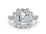 White gold Asscher Cut Cut Halo Diamond Pavé Engagement Ring with Milgrain Detailing_159