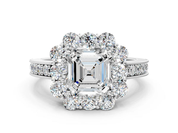 White gold Princess Cut Halo Diamond Pavé Engagement Ring with Milgrain Detailing