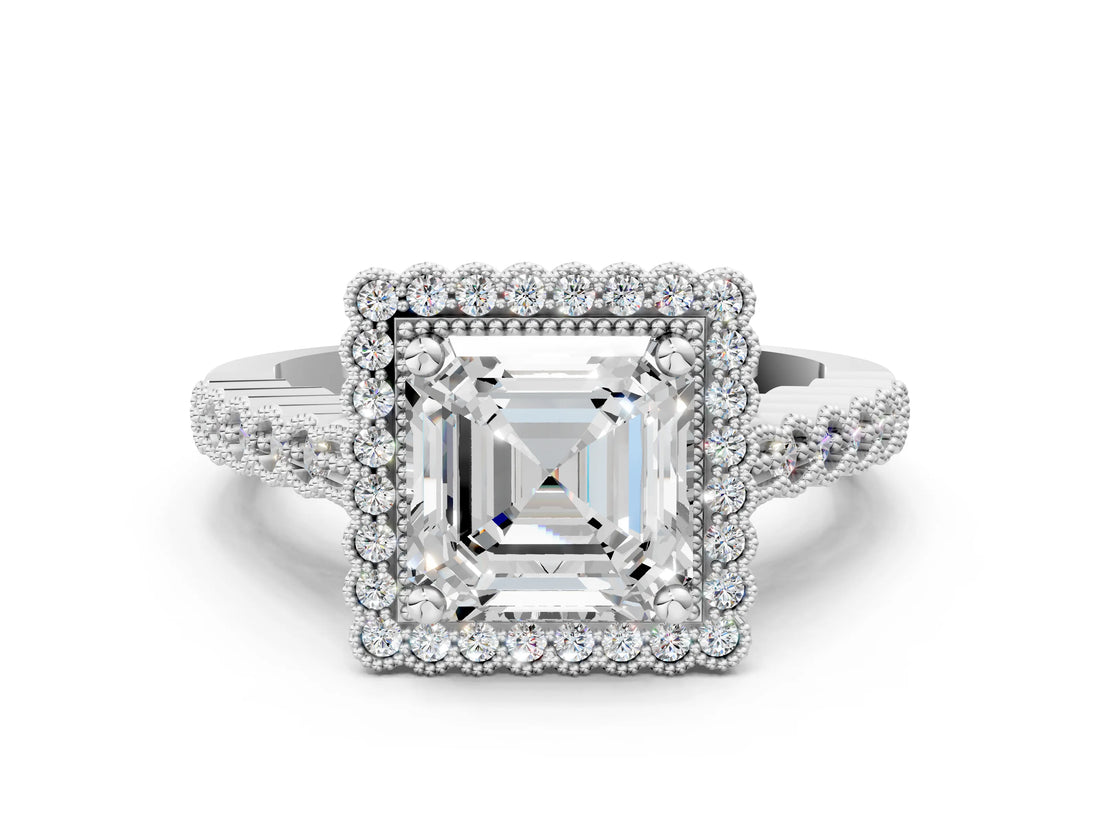 White gold Asscher Cut Cut Halo Pavé Solitaire Ring with Milgrain Band_7
